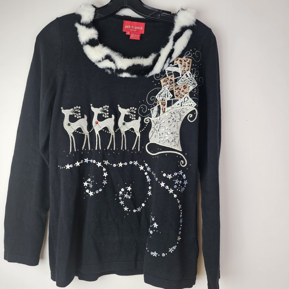 Jack B Quick Small Christmas Sequin Black Sweater Festive Faux Fur Reindeer LS
